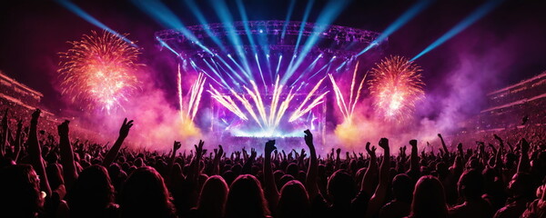 A spectacular firework display illuminates the sky above a crowd of enthusiastic concert-goers,...
