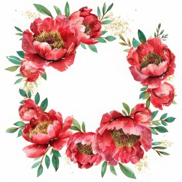 Cute Red Peony Flower Wreath Clipart, with golden glitter, watercolor painting, minimal hand drawn style, textured, vector, white background, no background, 32k uhd, isolated, ultra high detailed 