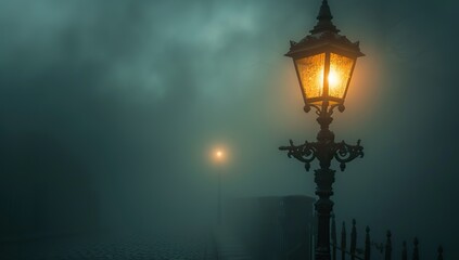 Lamppost in fog. The concept of solitude and silence.