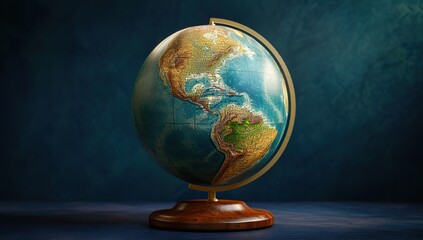 Globe against a dark blue wall background. The concept of global education and travel.