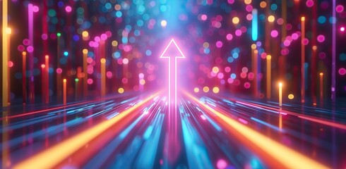 Bright arrow pointing upwards among neon pillars. The concept of progress and technology.
