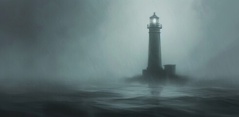 Lighthouse in a storm. The concept of hope and guiding light. - obrazy, fototapety, plakaty