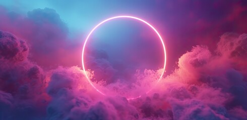 Neon circle amongst clouds. The concept of fantasy and dreams.