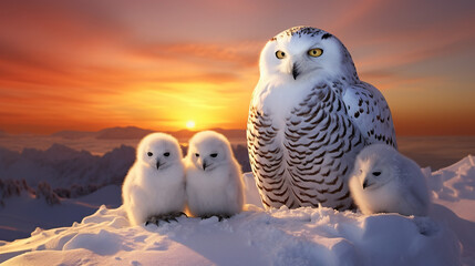 Snowy owl and her baby chicks in snow at sunset