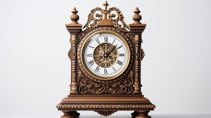 A single vintage clock with intricate details positioned on a clean pure spotless white background