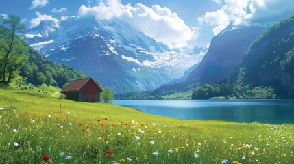 Breathtaking Swiss lakeside scene featuring verdant meadows, green grass, and a realistic portrayal of the serene alpine environment with towering mountains as the backdrop Generative AI