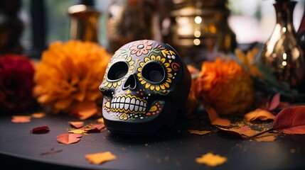 Decorated Skull on Table, A Colorful and Intriguing Display, Day Of The Dead