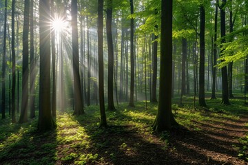 Fototapeta na wymiar Panoramic view of a forest with sunlight shining