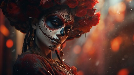Woman With Skull Makeup and Flower Hair, Day Of The Dead