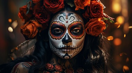Woman With Skull Makeup and Flowered Hair, Day Of The Dead