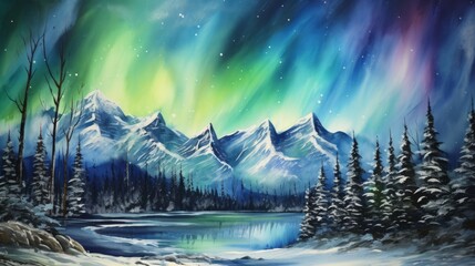 A breathtaking view of the Northern Lights over snowy mountains. landscape watercolor Generative AI