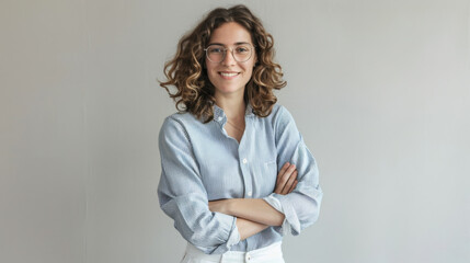 woman with short blonde hair and a confident smile is wearing a white shirt and stands with her arms crossed against a light grey background