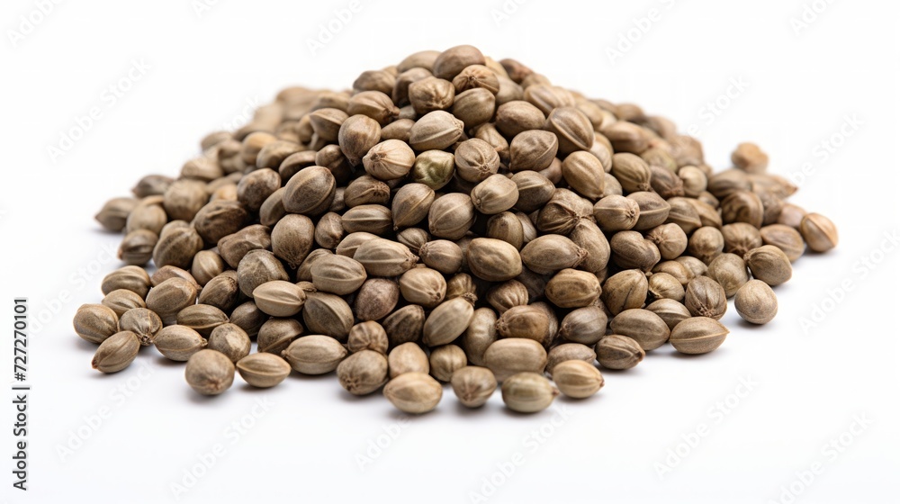 Aufkleber Close-up realistic photo featuring a small pile of hemp seeds on a white background Generative AI