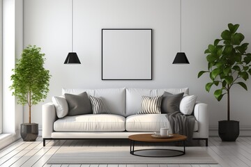 Minimalistic modern home interior. Sofa with pillows against a white wall.