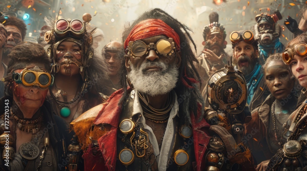 Poster conceptual image of a diverse group of post-apocalyptic individuals of varying ages, all dressed in 