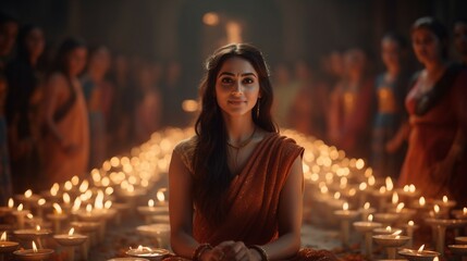 Woman Holding Lit Candle in Hands, Diwali