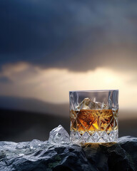 Fototapeta na wymiar glass of whiskey shines on an ornate stone against the dark brooding light shafts in a coastline backdrop, advertising with empty copy space