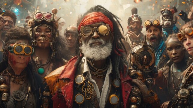Conceptual image of a diverse group of post-apocalyptic individuals of varying ages, all dressed in steampunk style, celebrating togethe Generative AI