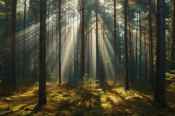 Panoramic view of a forest with sunlight shining