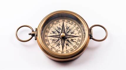 Fototapeta na wymiar A vintage brass compass with a weathered map isolated on white evoking a sense of exploration