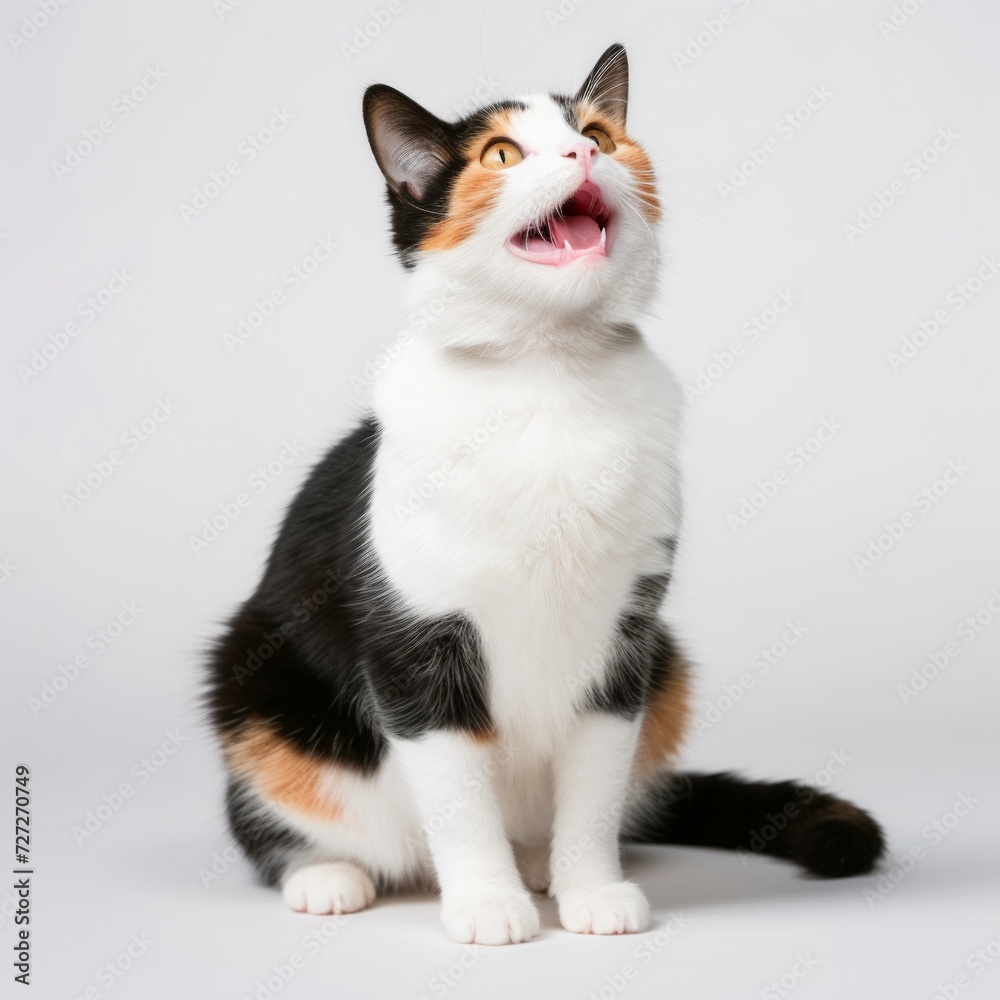Poster delighted japanese bobtail cat sitting on a white background, bobbed tail, cheerful expression gener