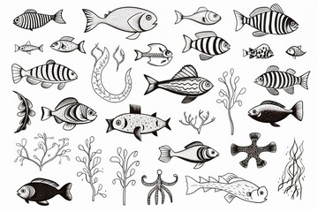  Sea animals, doodle cartoon set with hand drawn sea life elements, illustration. White isolated background.