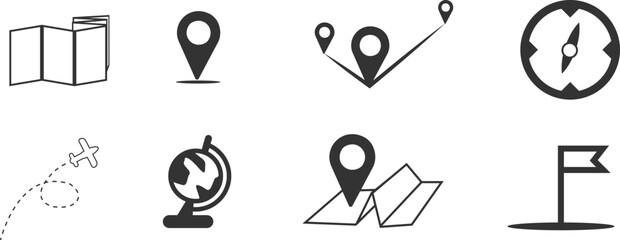 Travel, navigation, destination, location icon set. Location point, world map, plane, global, flag, compass flat outline design collection. Editable vector illustration stroke. - obrazy, fototapety, plakaty