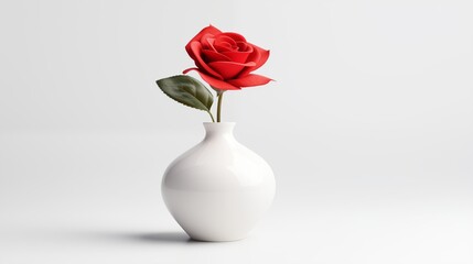 A white ceramic vase with a single red rose isolated on a clean white surface