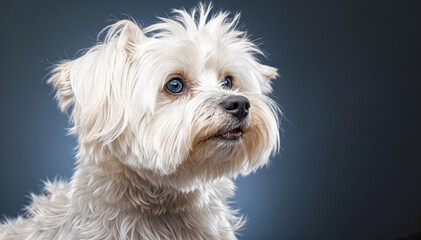 West highland white terrier with blue eyes on a gray background with copy space