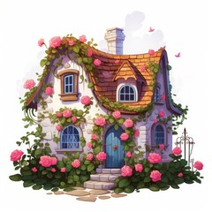A charming fairytale home adorned with vibrant climbing roses and a serene white backdrop. Generative AI