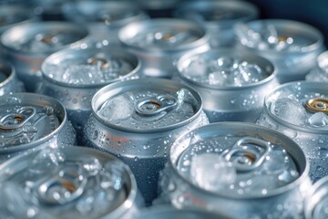 Cold beer cans with ice cubes in mini fridge.