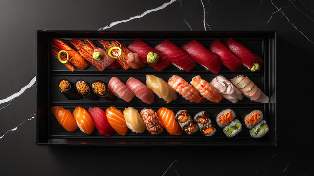 Illustration of Japanese food, exquisite presentation of sushi in the greatest Japanese restaurant. Beautiful lighting, delicious food, beautifully presented. Culinary art of Japan.