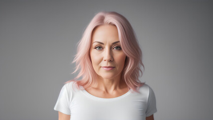 Portrait of sad woman with short, pink hair. Empty background with copy space. Generative AI.