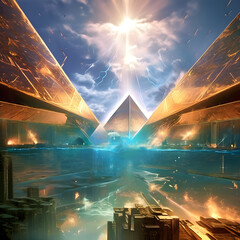 abstract colorful four Dimension with golden Pyramids. spiritual concept. Ai generated - obrazy, fototapety, plakaty