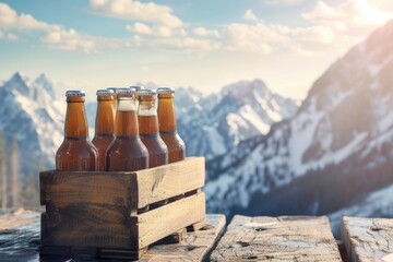Cool box with bottles of beer in mountains. Space for text