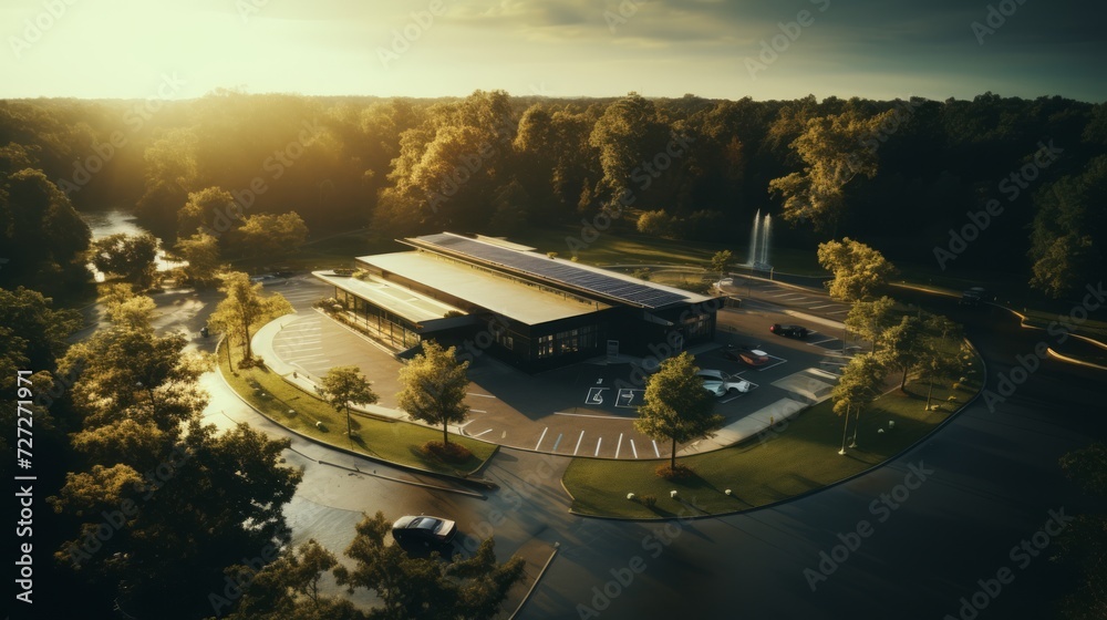 Poster drone footage of rest area facilities generative ai