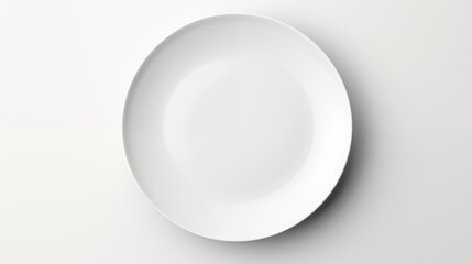 Showcase an overhead shot of a single pristine white plate with elegant angles against a spotless white backdrop of pure spotless clean white