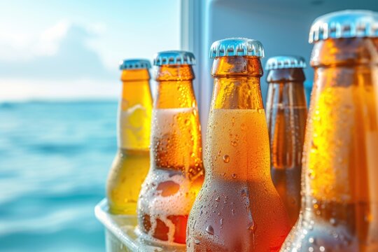 Close up of beer bottles cooling in a fridge at the beach