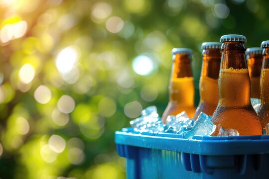 Blue plastic cool box with bottles of beer and ice cubes on blurred green background