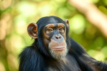 A close-up of a chimpanzee's face with a thoughtful expression, set against a blurred green background.