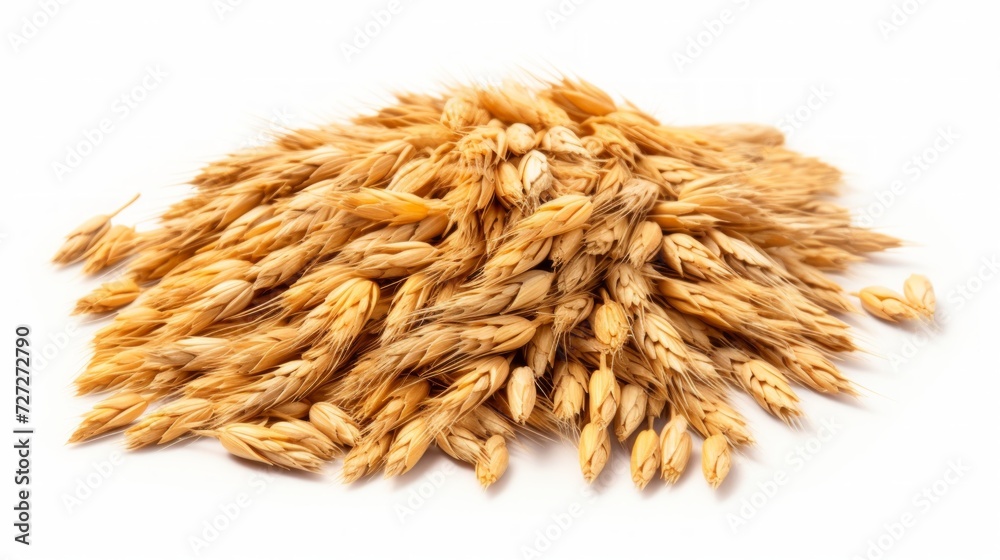 Poster a close-up realistic photo of a small pile of wheat grains on a white background generative ai