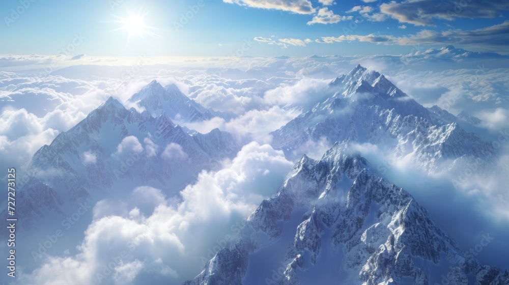 Poster expansive snowy mountain vista with wispy clouds dancing around the peaks, sunbeams piercing through