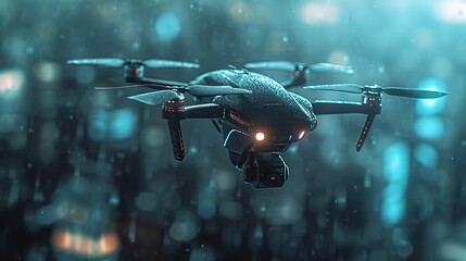 A drone equipped with lights and a camera navigates through rain, with the bokeh of city lights in the background, capturing the moody ambiance of a rainy urban night.