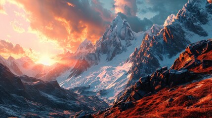 Expansive glaciers, fiery horizon, snow-capped mountains, fading daylight, hyper-realistic portrayal Generative AI - Powered by Adobe