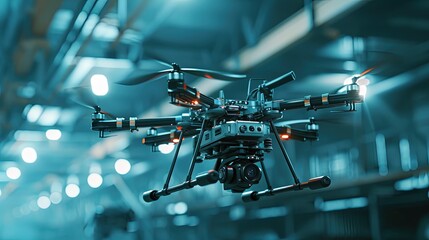 A sophisticated professional drone with a mounted camera hovers inside an industrial facility, with a focus on precision and surveillance.