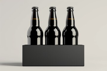 3 black isolated glass beer bottles in black box on light grey background  3d rendering