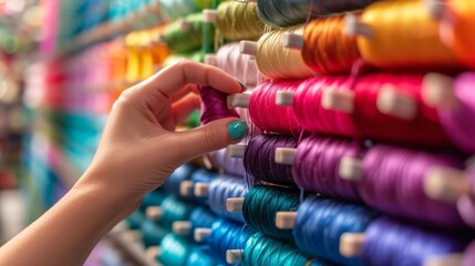 Woman’s Hand Selecting Colorful Thread Spools