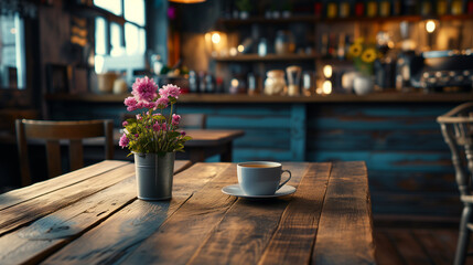 A cup of coffee on a wooden table in a cafe