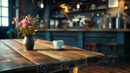 A cup of coffee on a wooden table in a cafe