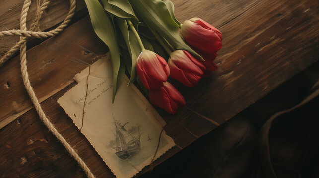 Red tulips on a wooden table with rope and letter